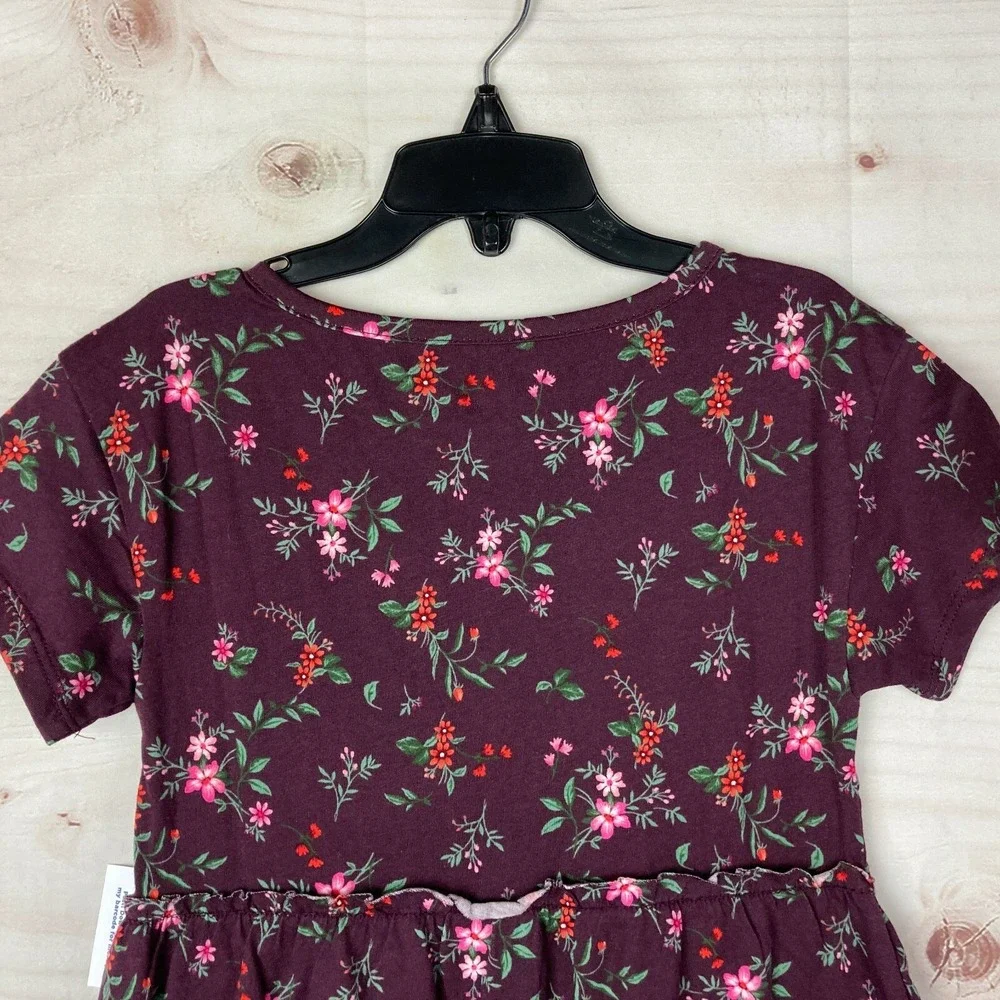 Old Navy Dress Girl XS Purple Cotton Floral Tier T-Shirt Short Sleeve Crew Neck
